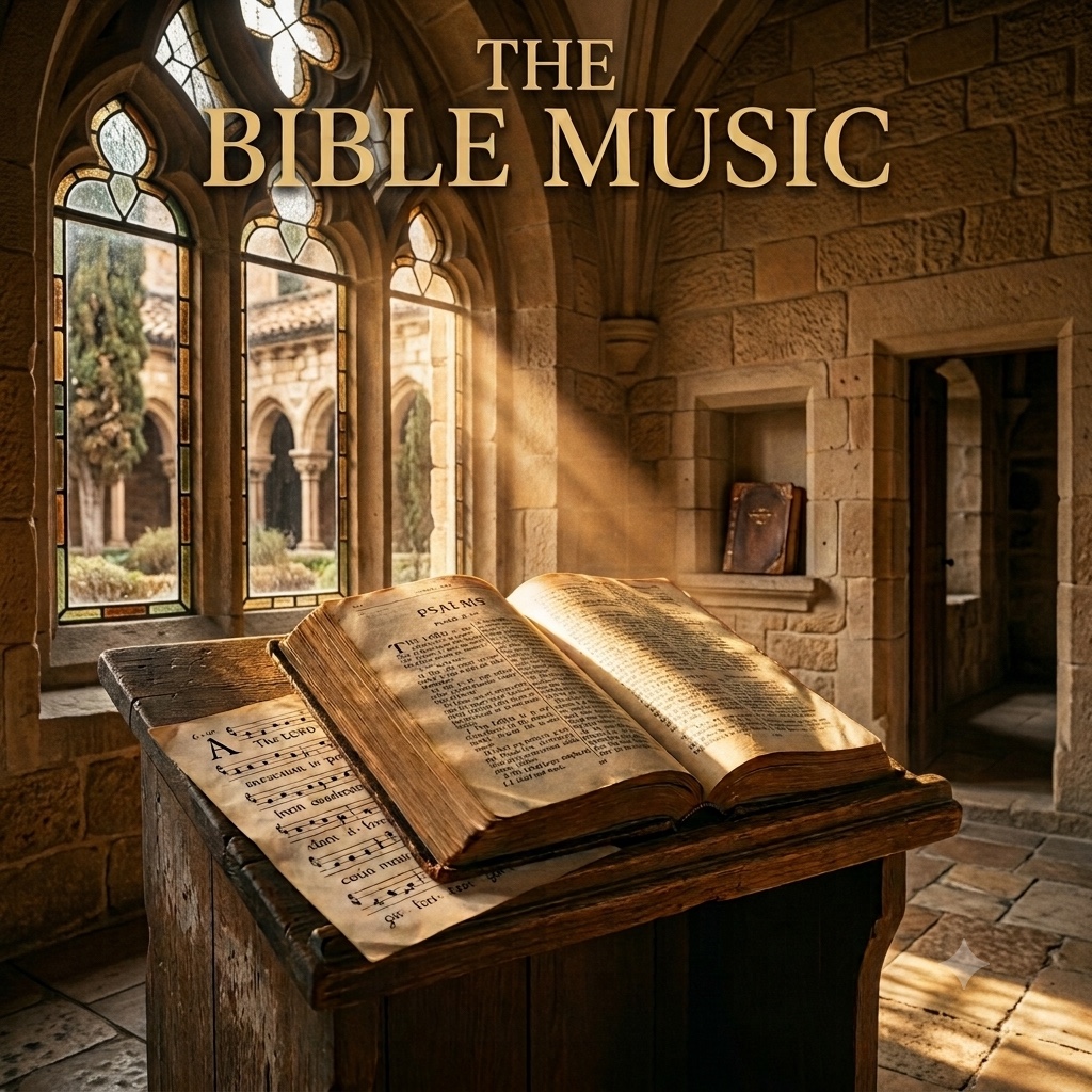 Biblia abierta en un monasterio iluminado, arte oficial de THE BIBLE MUSIC